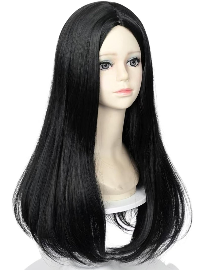 Half and Half Black Straight Middle Part Wig 23.6'' Long Black Witch Vam-pire Cosplay Wigs Gothic Mommy Costume Wigs for Halloween Party - Image 2